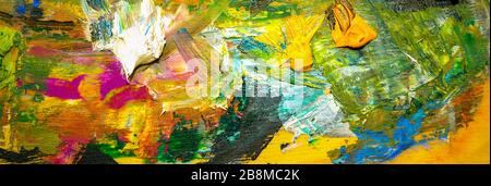 Abstrakter Hintergrund des Ölmalens mit Panoramablick. Öl auf Leinwand Textur. Handgezogenes Ölgemälde Stockfoto