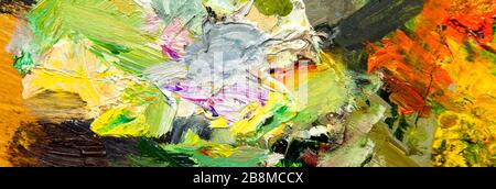 Abstrakter Hintergrund des Ölmalens mit Panoramablick. Öl auf Leinwand Textur. Handgezogenes Ölgemälde Stockfoto