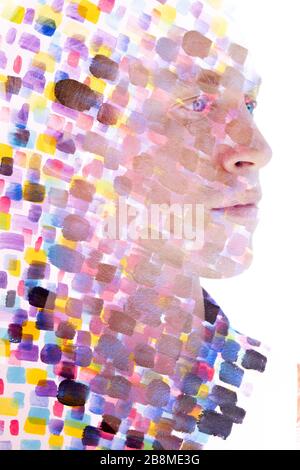 Paintography. Abstrakte Malerei mit einem Porträt kombiniert Stockfoto