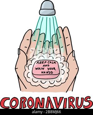 Handgezeichnetes Symbol, das zeigt, wie wichtig es ist, die Hände für das Töten von Coronavirus COVID-19 zu waschen. Waschen Sie Ihre Hände regelmäßig und gründlich mit Seife und Wasser Stock Vektor