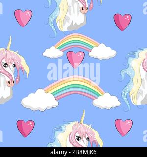 Nahtloses Muster mit trendigen Cartoon-Patches. Einhörner, Regenbögen und Herzen. Stock Vektor