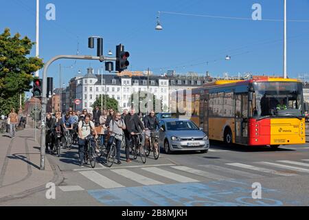 Am späten Vormittag eilen die Radfahrer bei Rotlicht auf dem Radweg an der stark mit dem Fahrrad befahrenen Kreuzung Frederiksborggade Søtorvet in Richtung Zentrum Kopenhagens Stockfoto