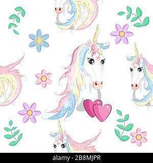 Nahtloses Muster mit trendigen Cartoon-Patches. Einhörner, Regenbögen und Herzen. Stock Vektor