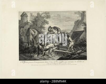 Brett für die römische Comique Scarron Ragotin wächst abrupt im Wasser Pater Gifflot, was den Scheck verursacht, und die Bauernkur von Pater Pierre-Louis de Surugue (1710-1772-2). Planche pour le Roman Comique de Scarron : Ragotin pousse Brussement dans l'eau le Père Gifflot qui entraine le cochre, et celui-cy le paysan d'après Pater. Eau-forte et burin, 1738. Musée des Beaux-Arts de la Ville de Paris, Petit Palais. Stockfoto