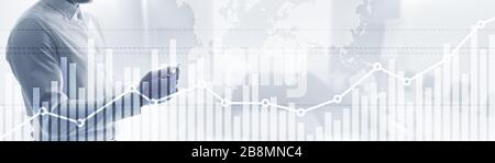 Double Exposure globalen Weltkarte auf Unternehmen finanzielle Börsenhandel Hintergrund Stockfoto