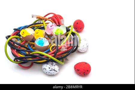 Ostereier im Korb, Hühner in den Eiern, Ostereier, Glückliche osterkarte, Osterhintergrund, Ethernet-Kabel-Gelege, Rechenzentrum, Internet Stockfoto