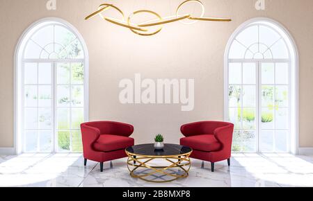 Modernes Wohnzimmer im klassischen Stil mit Möbeln und Kopierraum an der Wand für Mock Up, 3D Rendering Stockfoto