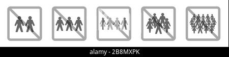 Verbot der Montage von Symbolen für zwei, drei, vier, fünf oder mehr Personen. Soziale Distanzierung - Versammlungsverbot - Illustration auf Weiß. Stockfoto