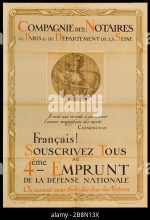 GESELLSCHAFT DER NOTARE VON PARIS UND DES DEPARTEMENTS DER SEINE, FRANZÖSISCH! ABONNIEREN SIE DIE VIERTE AUFNAHME DER NATIONALEN VERTEIDIGUNG, die wir kostenlos bei allen Notaren, Adolphe Léon Wilette (1857-1926), abonniert haben. Affiche de propagande.'Français! Souscrivez tous au 4ème emprunt de la défense nationale.on soucrit sans frais chez tous les notaires'. Compagnie des Notaires de Paris & du département de la seine. Lithographie couleur. Im Jahr 1916. Paris, musée Carnavalet. Stockfoto