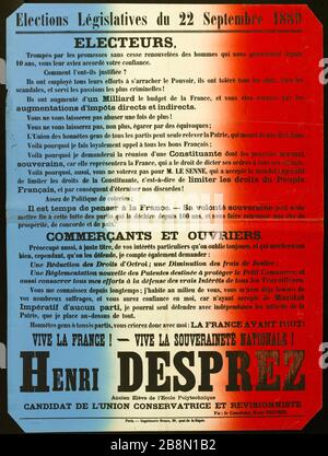 Die Parlamentswahlen vom 22. September 1889, die WÄHLER, die von dem Versprechen getäuscht wurden und die Männer, die uns für 10 Jahre regieren, Imprimerie Henon erneuerten. Wahlen Législatives du 22 Septembre 1889, ELECTEURS, Trompés par les promesses sans cesse renouvelées des hommes qui nous gouvernent depuis 10 ans. Typographie couleur. Im Jahr 1889. Paris, musée Carnavalet. Stockfoto