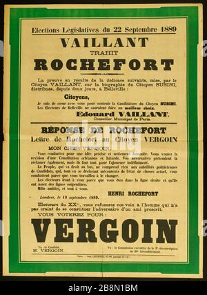 Die Parlamentswahlen vom 22. September 1889 verrät Vaillant ROCHEFORT Imprimerie Lefebvre. Wahlen Législatives du 22 Septembre 1889, VAILLANT TRAHIT ROCHEFORT. Typographie couleur. Im Jahr 1889. Paris, musée Carnavalet. Stockfoto