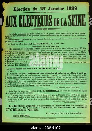 Wahl vom 27. Januar 1889 AN DIE WÄHLER DER SEINE, EIN Plakat, das einen Brief enthält, der im Jahre 1880 von General Boulanger an den Herzog von Aumale Imprimerie Belon geschrieben wurde. Election du 27 Janvier, Ox ELECTEURS DE LA SEINE, une affiche, contenant une lettre écrite, en 1880, par le Général BOULANGER au duc d'Aumale. Typographie sur Papier vert. Im Jahr 1889. Paris, musée Carnavalet. Stockfoto