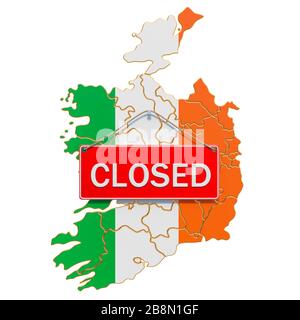 Irlandkarte mit geschlossenem Hängeschild, Quarantänekonzept. 3D-Rendering isoliert auf weißem Hintergrund Stockfoto