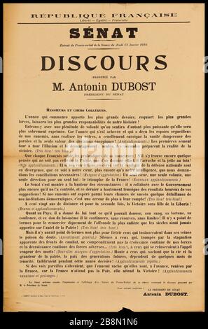 Hauptstädte, Liberté - Egalité - Fraternité, Senatskrait du procès-verbal de Séance du Jeudi 13 Janvier 1916, ENTMUTIGT PRONONCE VON M. Antonin DUBOST PRESIDENT DU Senate Affiche d'Information. "Énat. Discours prononcé par M. Antonin Dubost, président du sénat'. Extrait du procès-verbal de la séance du jeudi 13 janvier. Typographie. Im Jahr 1916. J. Clément, imprimeur du Sénat. Paris, musée Carnavalet. Stockfoto