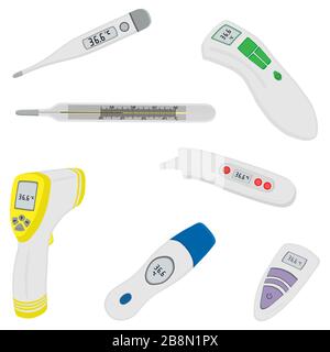 Abbildung zum Thema verschiedene Thermometertypen zur Vorbeugung von Coronavirus. Thermometer, bestehend aus med-Zubehör mit Präventionskonavi Stock Vektor