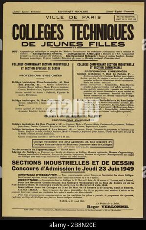Freiheit - Gleichheit - Bruderschaft FRANZÖSISCHE REPUBLIK, Freiheit - Gleichheit - Bruderschaft, STADT PARIS, HOCHSCHULMÄDCHEN TECHNISCHE Affiche publicitaire. "Collège Technik de jeunes filles. Liberté, égalité, fraternité. République française, Ville de Paris'. Typographie. 1949. Imprimerie La Productrice. Paris, musée Carnavalet. Stockfoto