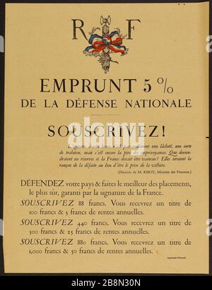 5% DER NATIONALEN VERTEIDIGUNG AUSLEIHEN, ABONNIEREN! Egoismus ist zu dieser Zeit nicht nur feige, eine Art Verrat, sondern immer noch das Schlimmste der Unvorsehung. Affiche de propagande.'Emprunt 5% de la défense nationale, souscrivez! L'égoïsme à cette heure n'est pas seulement une lâcheté, une sorte de trahison, mais c'est encore la pire des imprévoyances". Typographie avec Réhaussements de couleur. 1598.Imprimerie Nationale. Paris, musée Carnavalet. Stockfoto