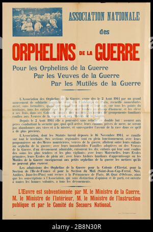 NATIONALER VERBAND DER KRIEGSWAISEN AFFICHE HUMANITÄR. "Association nationale des orphelins de la guerre". Imprimée par L. Pochy. Typographie couleur et photogravure. 1914-1918. Paris, musée Carnavalet. Stockfoto