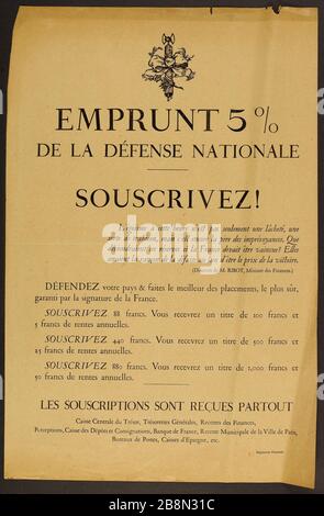 5% DER NATIONALEN VERTEIDIGUNG AUSLEIHEN, ABONNIEREN! Egoismus ist zu dieser Zeit nicht nur feige, eine Art Verrat, sondern immer noch das Schlimmste der Unvorsehung. Affiche de propagande. "Emprunt 5% de la défense nationale, souscrivez! L'égoïsme à cette heure n'est pas seulement une lâcheté, une sorte de trahison, mais c'est encore la pire des imprévoyances". Lithographie noir et blanc et typographie. Im Jahre 1515. Imprimerie Nationale. Paris, musée Carnavalet. Stockfoto