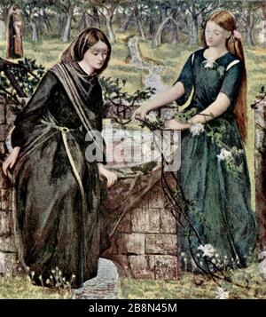 Dantes Vision von Rachel und Leah, 1855. Von Dante Gabriel Rossetti (1828-1882). Eine Illustration zu Purgatorio, Canto XXVIII (28). Purgatio ist der zweite Teil von Dante Alighieris Gedicht The Divine Comedy aus dem 14. Jahrhundert. Stockfoto