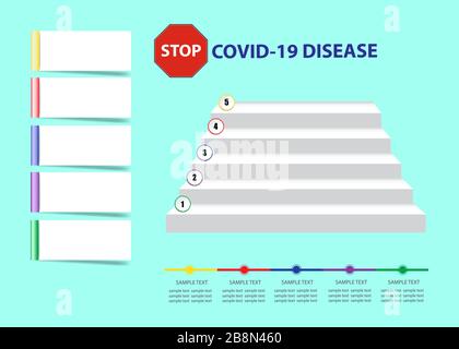 Medizinische Infografik mit fünf Treppenabgängen, die zum STOPPEN des COVID-19-KRANKHEITSZEICHENS führen, das für Ihren Text bereit ist. Stock Vektor