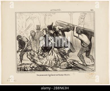 News, pl. 189. Eine Freizeitfahrt zu den Champs Elyees. Honoré Daumier (1808-1879). Actualité, pl. 189. Une Promenade d'agrément aux Champs-Élysées. Paris (VIIIème arr.). Lithographie.Paris, musée Carnavalet. Stockfoto