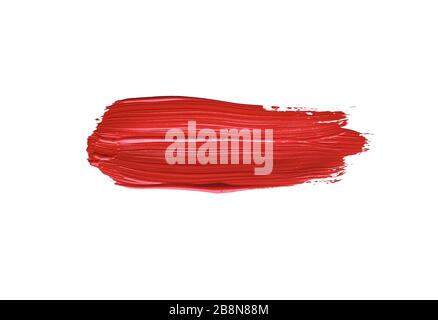 Rot gefärbte Pinselstrich-Pausen über isoliertem Hintergrund, Wasserfarben-Textur auf Leinwand, roter Lippenstift verschmiert Stockfoto