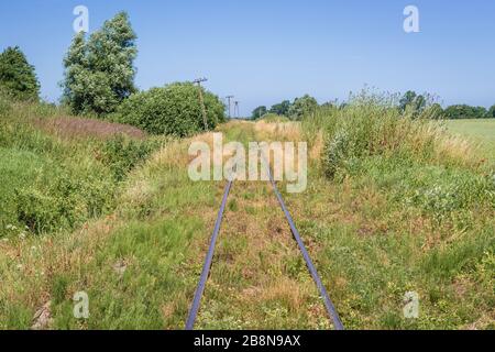 Alte Bahngleise in Modlimowo-Dorf im Kreis Gryfice, in der Wojewo-Region Westpomeranland in Polen Stockfoto