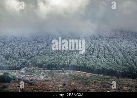 Blick von der Autobahn Autovia A-1 in der Nähe des Bergpasses Somosierra in den Bergen von Guadarrama in der Gemeinde Madrid, Spanien Stockfoto