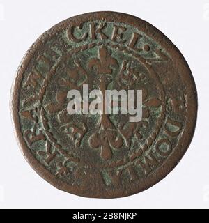 Kontokorde für die ECU fleurdelisé mit Kreuz, dreizehnten fünfzehnten Jahrhundert 'Jeton de compte à l'écu fleurdelisé avec croix, XIII-XVème siècle', revers. Paris, musée Carnavalet. Stockfoto