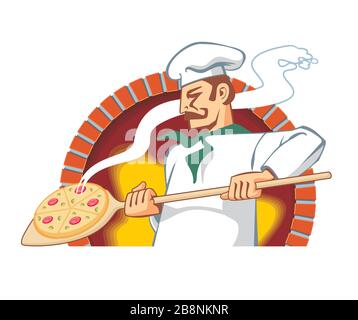 Pizzaiolo bei der Arbeit, zieht die fertige Pizza aus dem Steinofen mit Feuer heraus, stilisiert die Vektoricon-Illustration Stock Vektor