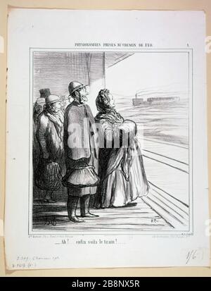 GESICHTER AUF DER BAHNNUMMER 1 - AH! SCHLIESSLICH TRAINIEREN wir hier Honoré Daumier (1808-1879). "Physionomien pries au chemin de fer, numéro 1 - Ah! Enfin voilà le train'. Tiefdruck. Paris, musée Carnavalet. Stockfoto