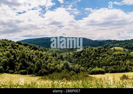 Kryve am Fluss San - ein ehemaliges Dorf im Bieszczady-Gebirge - seine Einwohner wurden 1947 von den kommunistischen polnischen Behörden vertrieben. Stockfoto