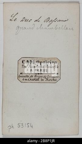 Porträt von Napoleon Joseph Hugues Maret, Herzog von Bassano (1803-1898), (großkämmerer von Napoleon III., Diplomat, Senator) Porträt de Napoléon Joseph Hugues Maret, duc de Bassano (1803-1898), großer chambellan de Napoléon III., diplomatisch, sénateur). Carte de visite (verso). Photographie anonyme. Tirage sur Papier Albuminé. 1860-1890. Paris, musée Carnavalet. Stockfoto