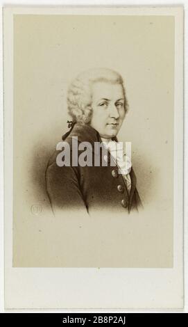 Porträt des Komponisten Wolfgang Amadeus Mozart (1756-1791). Portrait de Wolfgang Amadeus Mozart (1756-1791), Compositeur. Carte de visite (recto). Tirage sur Papier Albuminé. 1860-1890. Photographie anonyme. Paris, musée Carnavalet. Stockfoto