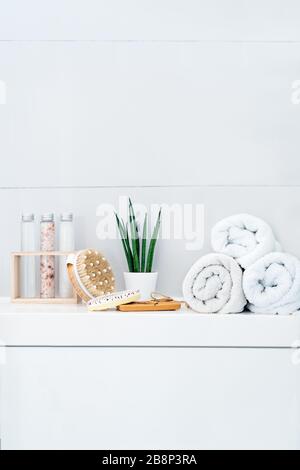 Zusammensetzung der natürlichen Spa-Behandlung für Körper - Schrott, Gel, Creme, Badesalz, Massagebürste, Handtücher und fesh Blumen auf weißem Badezimmerhintergrund. Ver Stockfoto