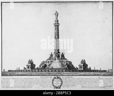 SÄULE DER FREIHEIT, DENKMAL, DAS AUF DEM STANDORT DER BASTILLE ZUM RUHM VON LOUIS XVI PROJIZIERT WURDE, DER DIE FREIHEIT WIEDER HERSTELLT, FRANZOSEN GUSTAVE TARAVAL/DAVY DE CHAVIGNE. 'Colonne de la liberté, Monument projeketé sur l'emplacement de la Bastille à la gloire de Louis XVI, Gastronom de la Liberté française, um das Jahr um das Jahr um das Jahr um das Jahr um das Jahr 1700'. Paris, musée Carnavalet. Stockfoto