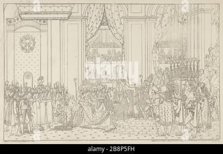 UNTITLED - LOB VON NAPOLEON AN NOTRE DAME, 2. Dezember, 2007 M. Meyer, d'après Louis David (1748-1825). Sacre de Napoléon Ier, empereur des Français signé sous le trait carré à droite: Dessiné par M. Meyer d'après le tableau de Mr David, Premier peintre de S.M. l'Empereur. Eau-forte. Paris, musée Carnavalet. Stockfoto