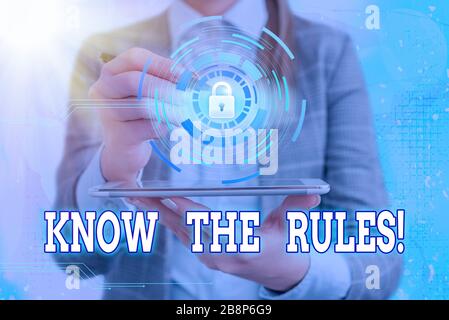 Schreiben Hinweis, kennen die Regeln. Business Konzept für ein explizites oder Verordnung Grundsätze für die Durchführung Stockfoto
