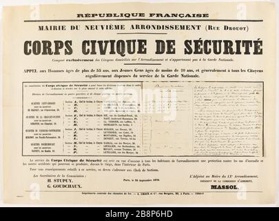 FRANZÖSISCHE REPUBLIK, NEUNTER des GEMEINDERATS (RUE DROUOT) BÜRGERKÖRPERSICHERHEIT "République française, mairie du IXe arronoire (rue Drouot), corps civique de sécurité". Imprimerie Chaix. Typographie, 1870. Paris, musée Carnavalet. Stockfoto