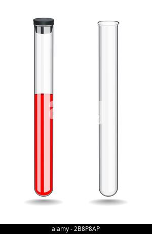 Das Reagenzglas aus Glas mit Blut ist mit einem Gummistopfen verschlossen. Leeres Rohr ohne Flüssigkeit. Chemie, Biologie, Medizin und Pharma Stock Vektor