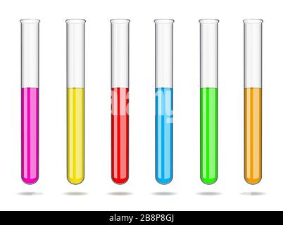 Set aus Laborteströhrchen aus Glas mit Flüssigkeiten in verschiedenen Farben. Laborstudien in Chemie und Biologie, Analysen in Medizin und Stock Vektor