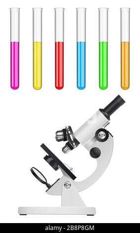 Mikroskop und ein Set von Glaslabor-Reagenzgläsern mit Flüssigkeiten verschiedener Farben. Laborstudien und Analysen in Medizin, Pharmakologie und Stock Vektor
