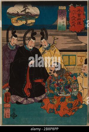 Geliefert. 69 Stationen des Tokaido-Itschiyou Sai Koruin Yoshi. Livre. "69 Stationen du Tokaido". Encre et couleurs sur Papier. XVIII-XIXème siècle. Japon. Paris, musée Cernuschi. Stockfoto