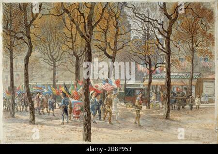 PLACE SCHOOL AVENUE DU MAINE STRASSE GASSENDI 'Place de l'Ecole, Avenue du Maine et rue Gassendi. La victoire le 11 novembre 1918'. Dessin de Félix Brard. Paris, musée Carnavalet. Stockfoto