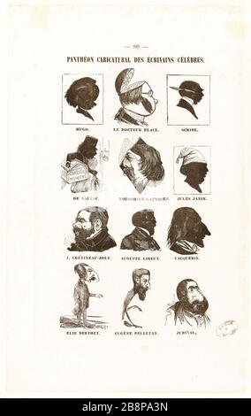 Pantheon karikiert berühmte Schriftsteller [Balzac-Porträt] Bertall (Albert d'Arnoux, dit) (1820-1882). "Panthéon caricatural des écrivains célèbres [Portrait de Balzac]". Balzac, Honoré de (99-1850). Hugo, Victor (1802-1885). Gautier, Théophile (211-1872). Janin, Jules (1804-1874). Pelletan, Camille (13-1884A). Schreiber, Eugène (1791-1861). Tiefdruck. après 1848. Paris, Maison de Balzac. Stockfoto