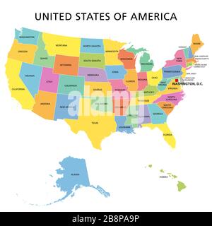 Vereinigte Staaten von Amerika, mehrfarbige politische Karte. 50 Staaten mit eigenem geografischen Gebiet, konstituierende Einheiten, die in einer gewerkschaft zusammengebunden sind. Stockfoto