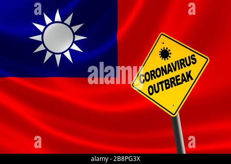 COVID-19 Roman Coronavirus Outbreak-Warnschild mit Taiwanese Flagge der Republik China im Hintergrund. Stockfoto