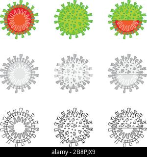 Diagramm der Partikelstruktur Coronavirus 2019-NC0V. Pandemic COVID-19-Mikrobe mit Ausbruch. Das Virus greift die Atemwege an, Infektionen medizinisches Gesundheitsrisiko. Flacher, einfacher Cartoon-Stil Stock Vektor