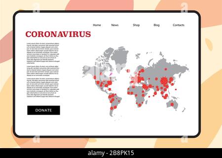 Map Achtung Coronavirus Travel Alert Konzept 2019-NC0V Ausbruch. Stoppen Sie die pandemische COVID-19-Mikrobe. Das Virus greift die Atemwege an, Infektionen medizinisches Gesundheitsrisiko. Flacher, einfacher Cartoon-Stil Stock Vektor